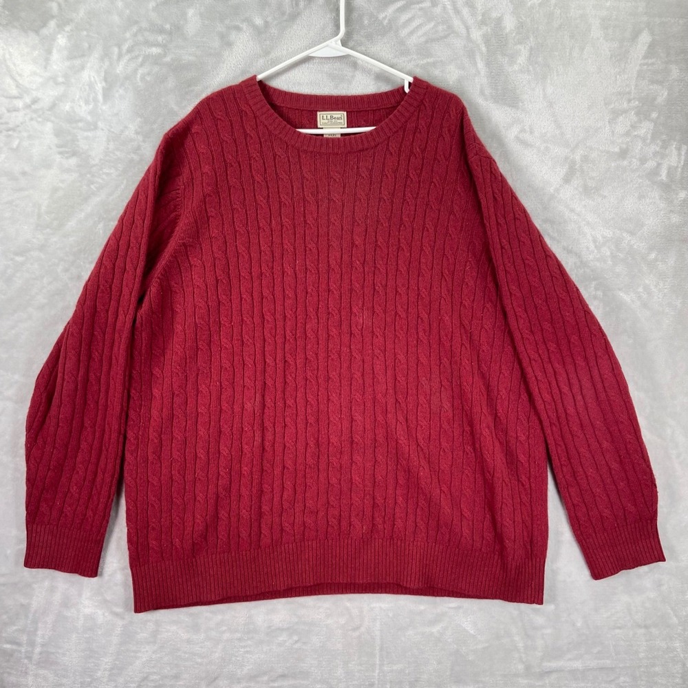 L.L. Bean Sweater Mens XXL Red 100% Cashmere Cable Knit Crew Neck Pullover